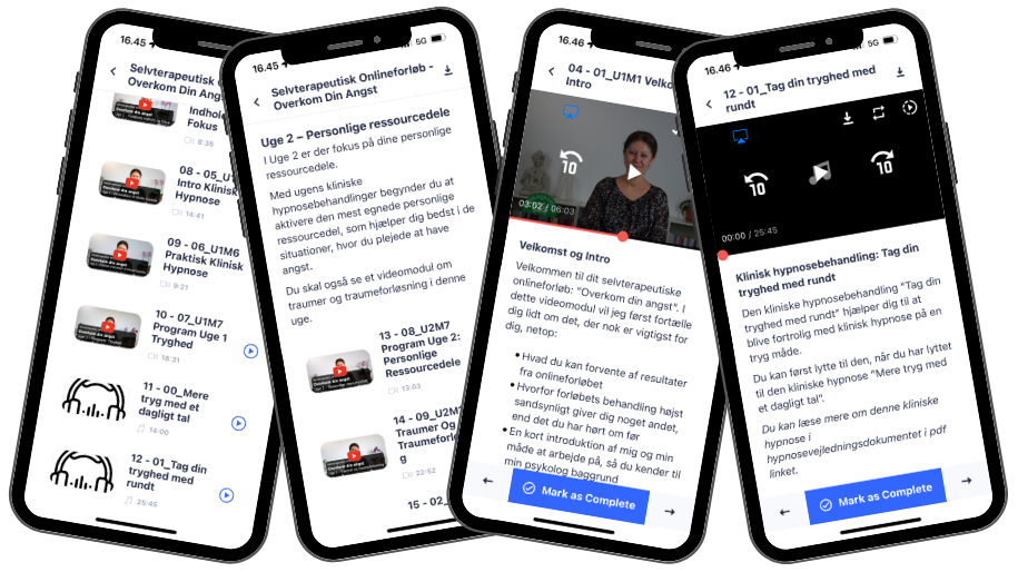 The Overcome Your Anxiety program on four phone screens: weekly overview, week themes, instruction videos and clinical hypnosis sessions